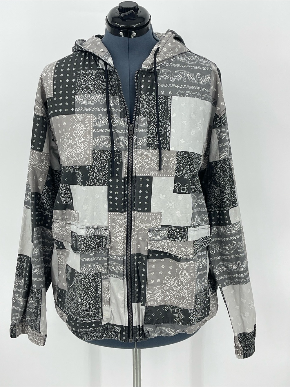 Original Use Women's Hooded Patchwork Zip Jacket - Black & Gray SIZE L